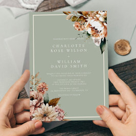 セージ緑とバラエレガント金ゴールド結婚の花 招待状