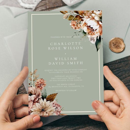 セージ緑とバラエレガント金ゴールド結婚の花 招待状