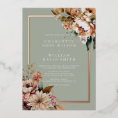 セージ緑とバラエレガント金ゴールド結婚の花 箔招待状 (正面)