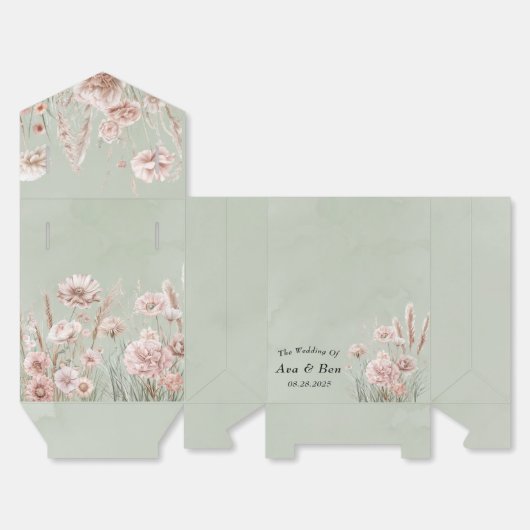 セージ緑とピンクの野結婚花 フェイバーボックス (見開き)