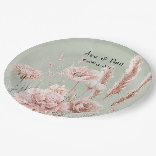 セージ緑とピンクの野結婚花 ペーパープレート (アングル)