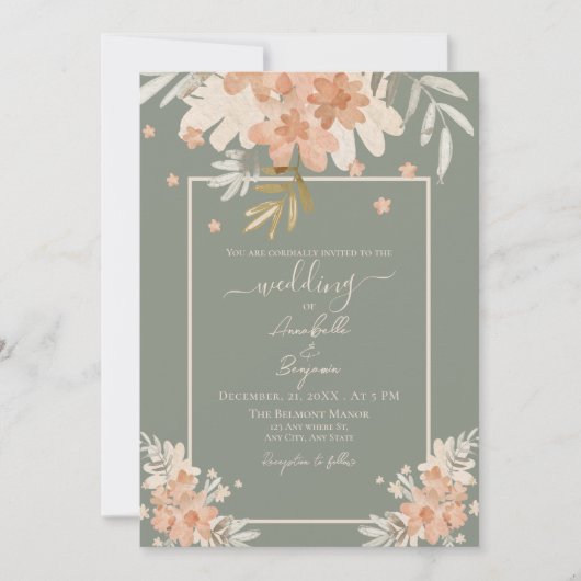 セージ緑とピーチウォーターの色のフローラ結婚ズ 招待状 (正面)