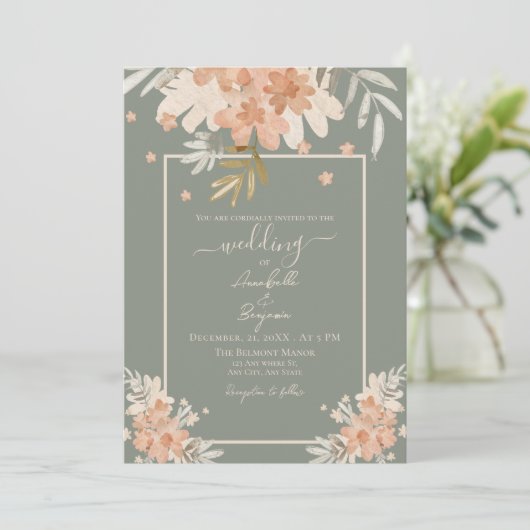 セージ緑とピーチウォーターの色のフローラ結婚ズ 招待状 (スタンド正面)
