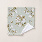 セージ緑とホワイトコットンボール茎水色 バスタオルセット (ウォッシュタオル)