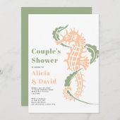セージ緑と桃のシーホースビーチカップルのシャワー 招待状 (正面/裏面)