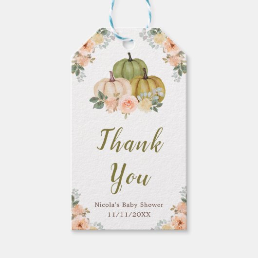 セージ緑と桃のフローラカボチャ赤ちゃんシャワー ギフトタグ (正面)
