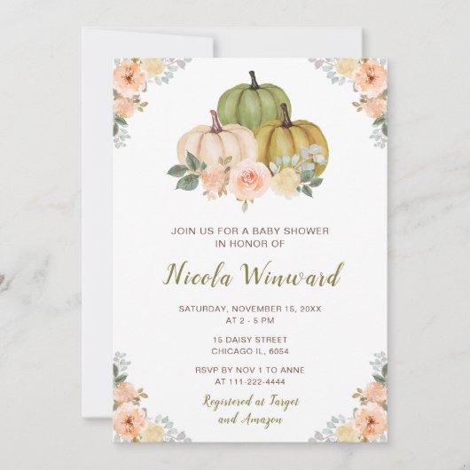 セージ緑と桃のフローラカボチャ赤ちゃんシャワー 招待状 (正面)