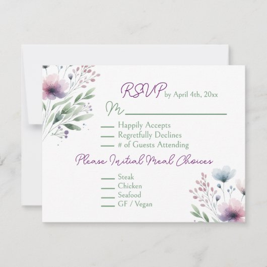 セージ緑と梅の紫の植物結婚の 出欠カード (正面)