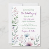 セージ緑と梅の紫の植物結婚の 招待状 (正面)