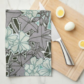 セージ緑と灰色の葉アールヌーボーフローラ キッチンタオル (四つ折り)