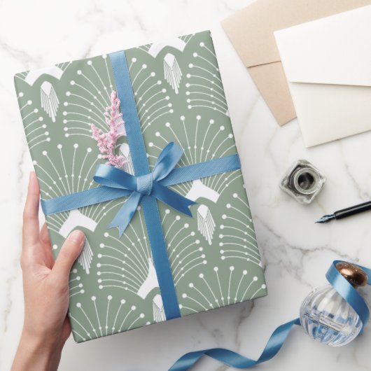 セージ緑と白のアートデコパターン ラッピングペーパー (ギフト)