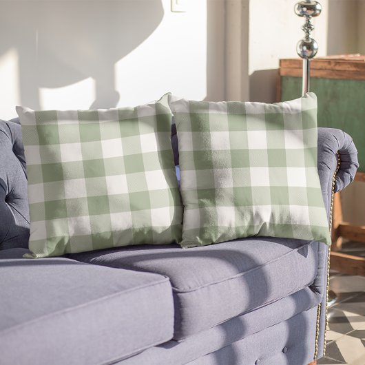 セージ緑と白のギンガムプレイド クッション