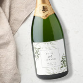 セージ緑と白のフローラ結婚ズワインボトル スパークリングワインラベル