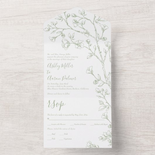 セージ緑と白のラインアート結婚の花の全て オールインワン招待状 (内側)