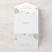 セージ緑と白のラインアート結婚の花 オールインワン招待状 (外側)