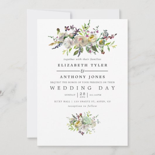 セージ緑と白の水色のフローラ結婚 招待状 (正面)