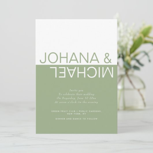 セージ緑と白の色お洒落結婚塊 招待状 (スタンド正面)
