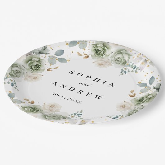 セージ緑と白の花結婚の紙プレート ペーパープレート (アングル)