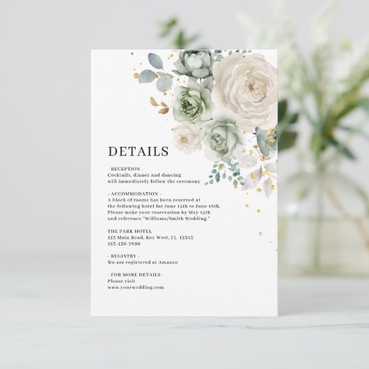セージ緑と白の花結婚の詳細 エンクロージャーカード (スタンド正面)