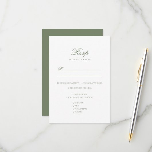 セージ緑と白の葉モノグラムクレスト結婚ズ 出欠カード (正面/裏面インサイチュ)