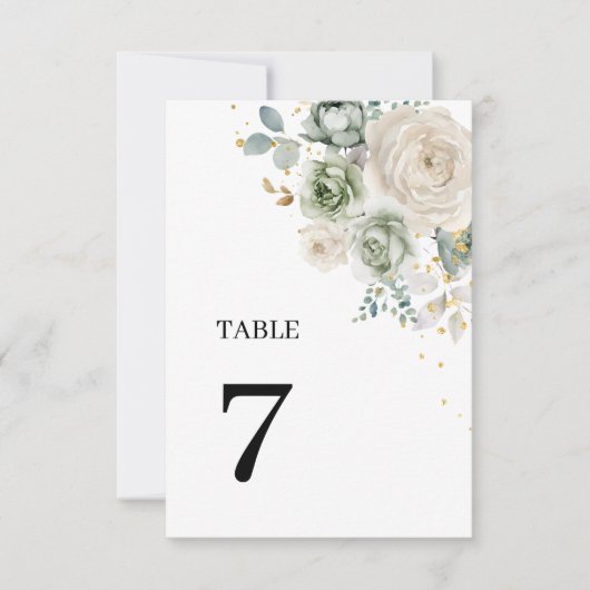 セージ緑と白結婚の花のテーブル番号7 招待状 (正面)