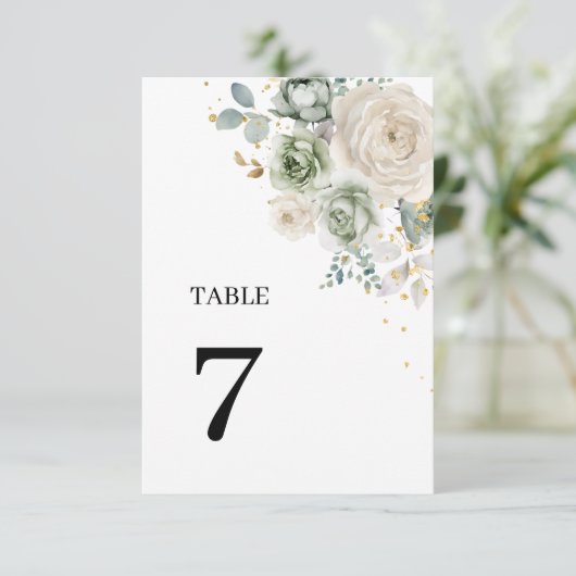 セージ緑と白結婚の花のテーブル番号7 招待状 (スタンド正面)