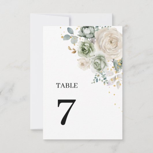 セージ緑と白結婚の花のテーブル番号7 招待状 (裏面)
