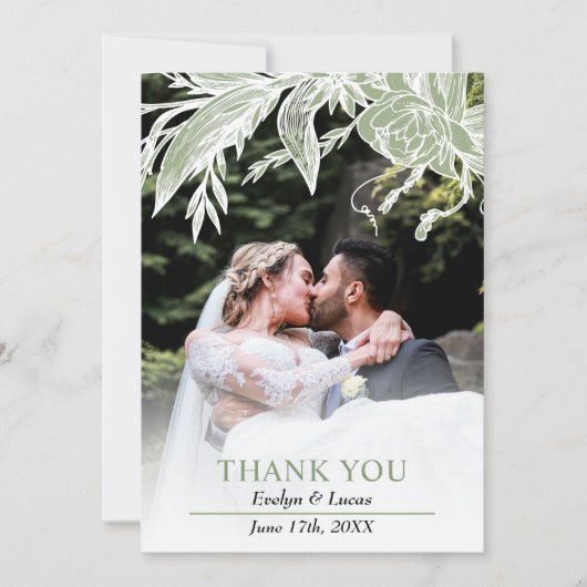 セージ緑と白結婚の花の写真 サンキューカード (正面)