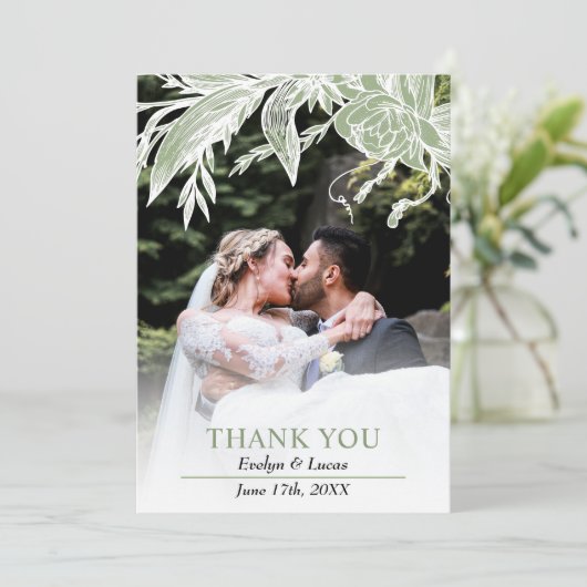 セージ緑と白結婚の花の写真 サンキューカード (スタンド正面)