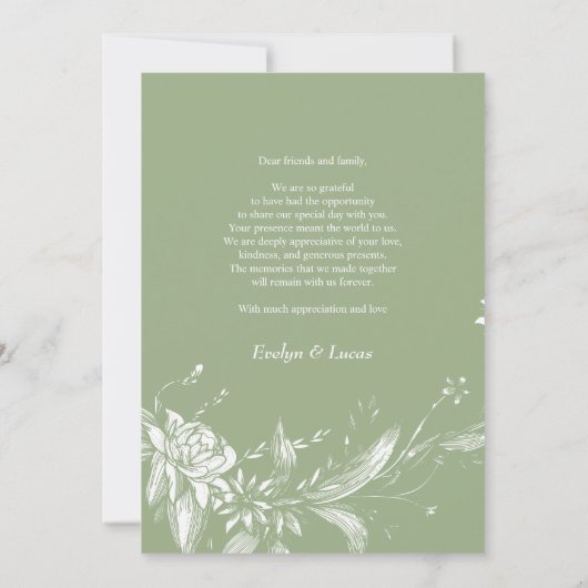 セージ緑と白結婚の花の写真 サンキューカード (裏面)