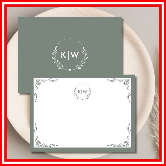 セージ緑と白 | イニシャルモダンモノグラム ノートカード