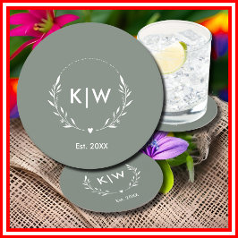 セージ緑と白 | イニシャルモダンモノグラム ラウンドペーパーコースター