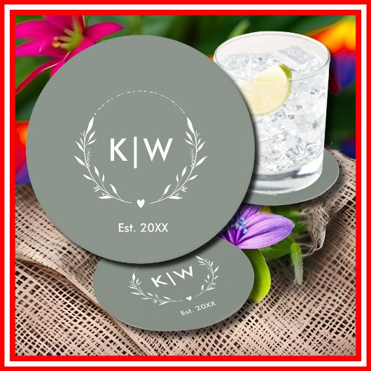 セージ緑と白 | イニシャルモダンモノグラム ラウンドペーパーコースター