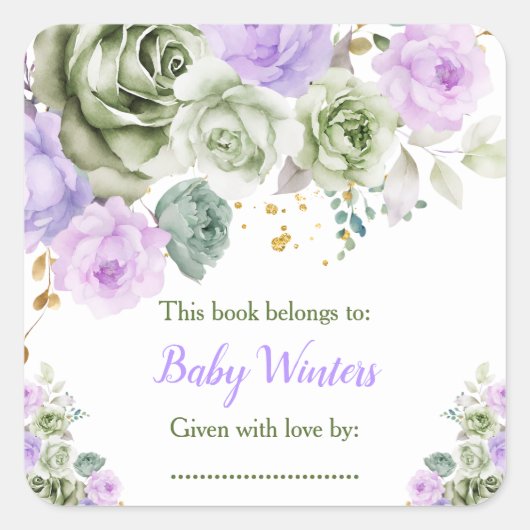 セージ緑と紫のフローラベビーシャワー蔵書票 スクエアシール (正面)