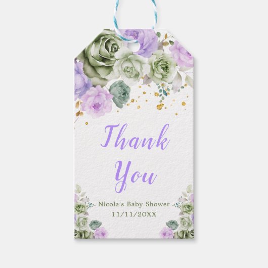 セージ緑と紫のフローラ赤ちゃんシャワーありがとう ギフトタグ (正面)