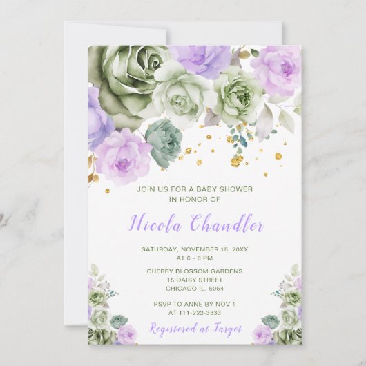 セージ緑と紫のフローラ赤ちゃんシャワー 招待状 (正面)