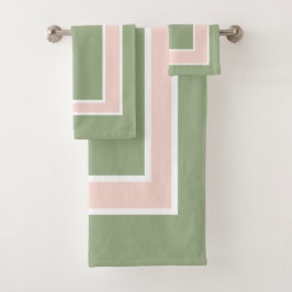 セージ緑と赤面ピンクのブロックパターン バスタオルセット