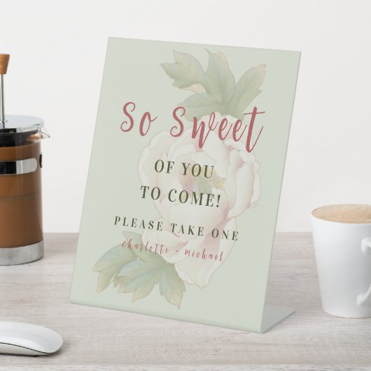 セージ緑と赤面ピンク牡丹結婚式の引き出物標識 台座サイン (インサイチュ)