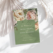 セージ緑と赤面ピンク牡丹結婚式招待状 招待状