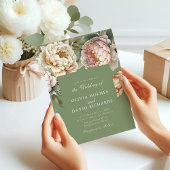 セージ緑と赤面ピンク牡丹結婚式招待状 招待状