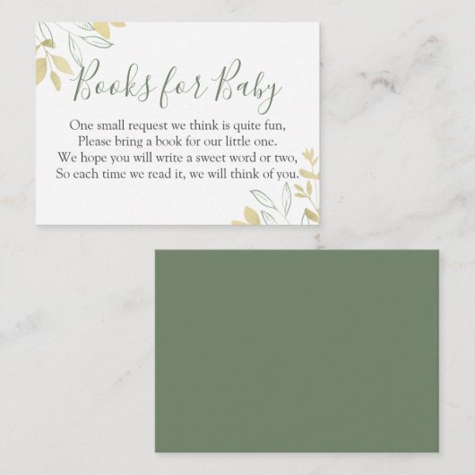 セージ緑と金ゴールドの葉ベビーシャワーブックリクエスト エンクロージャーカード (正面/裏面)