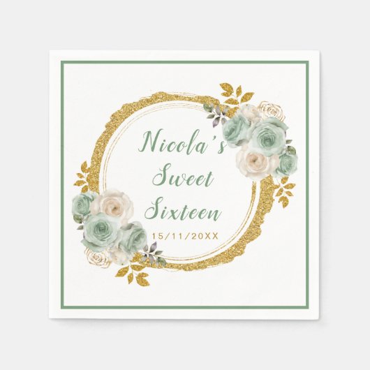 セージ緑と金ゴールドエレガントの花Sweet sixteen スタンダードカクテルナプキン (正面)