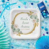 セージ緑と金ゴールドエレガントの花Sweet sixteen ペーパープレート (パーティー)