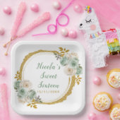 セージ緑と金ゴールドエレガントの花Sweet sixteen ペーパープレート (パーティー)