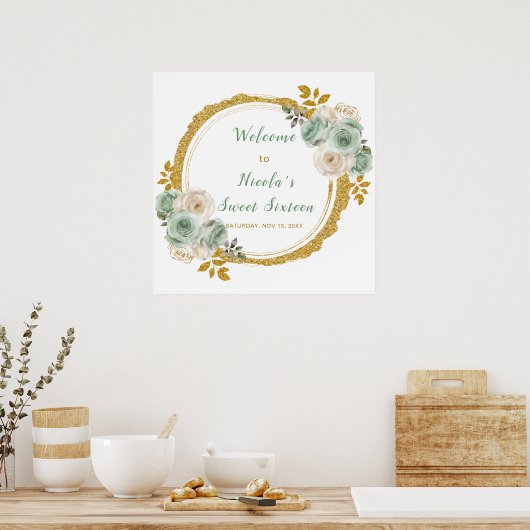 セージ緑と金ゴールドエレガントの花Sweet sixteen ポスター (キッチン)