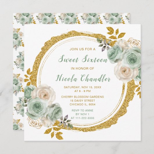 セージ緑と金ゴールドエレガントの花Sweet sixteen 招待状 (正面/裏面)