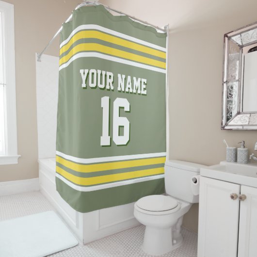 セージ緑と黄色の白いスストライプポーツジャージー シャワーカーテン (インサイチュ)