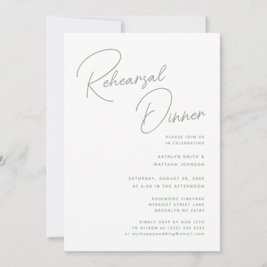 セージ緑のお洒落スクリプトシックなリハーサルディナー 招待状 (正面)