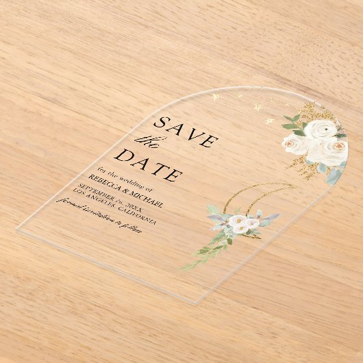 セージ緑のアイボリーフローラムーンウェディング日付を保存 アクリル招待状 (レイダウン)