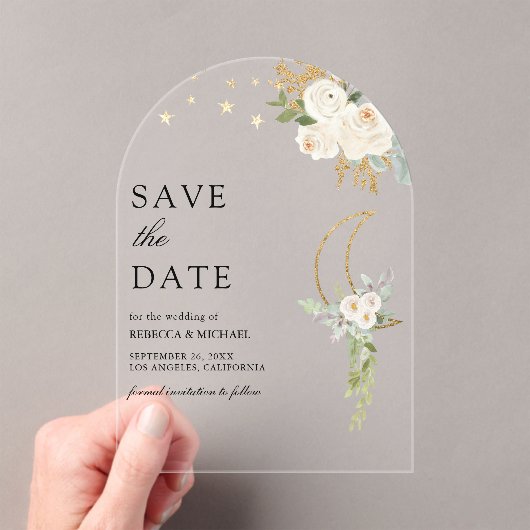 セージ緑のアイボリーフローラムーンウェディング日付を保存 アクリル招待状 (インサイチュ (ポータブル))